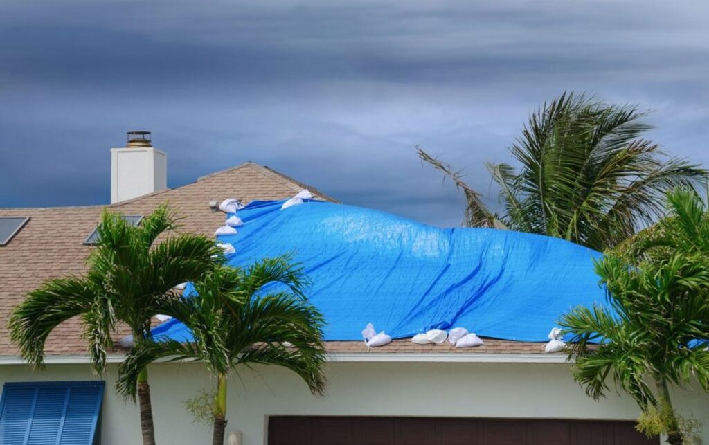 Tarp covering a storm-damaged roof after severe weather in Palm Bay FL