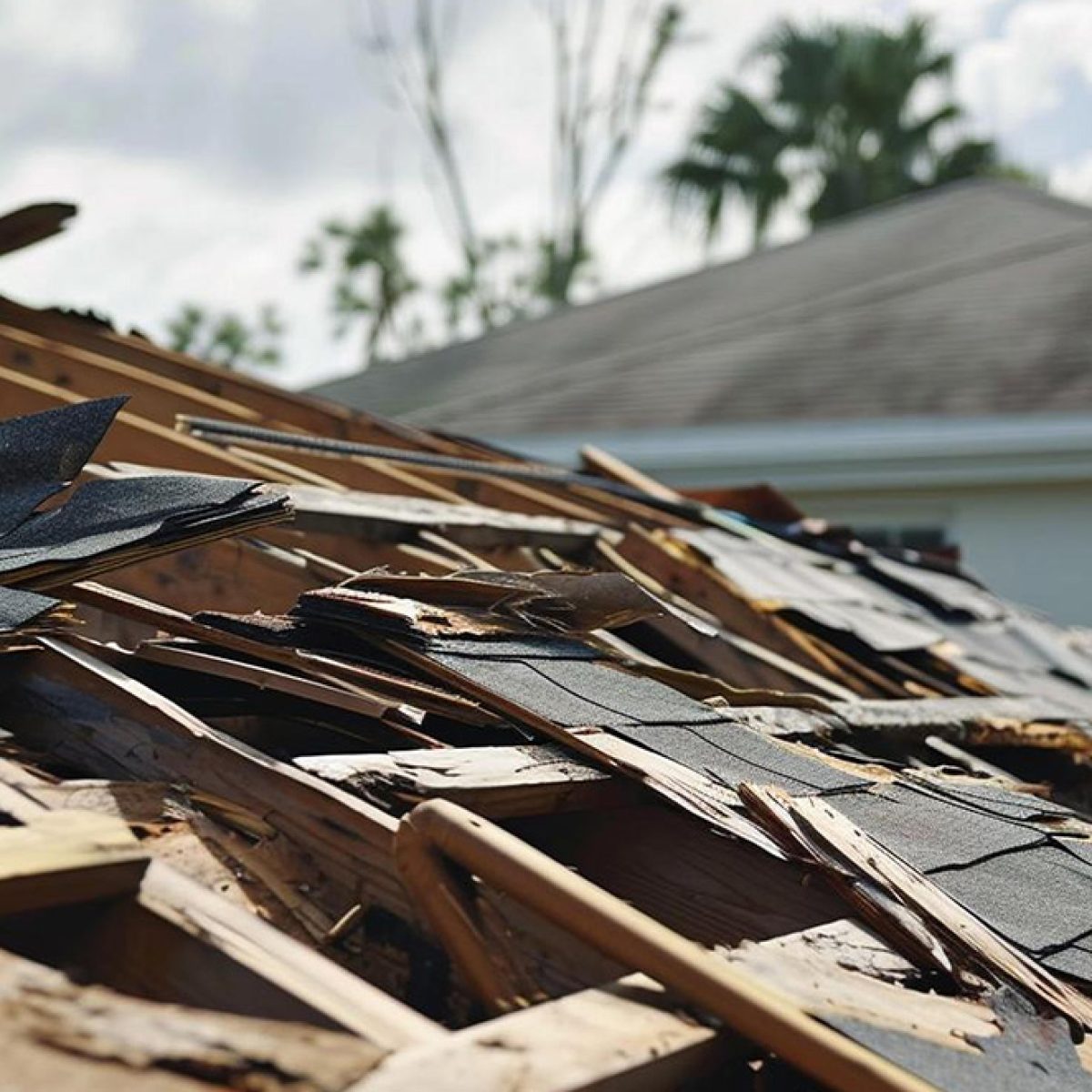Residential roof with severe storm and hurricane damage