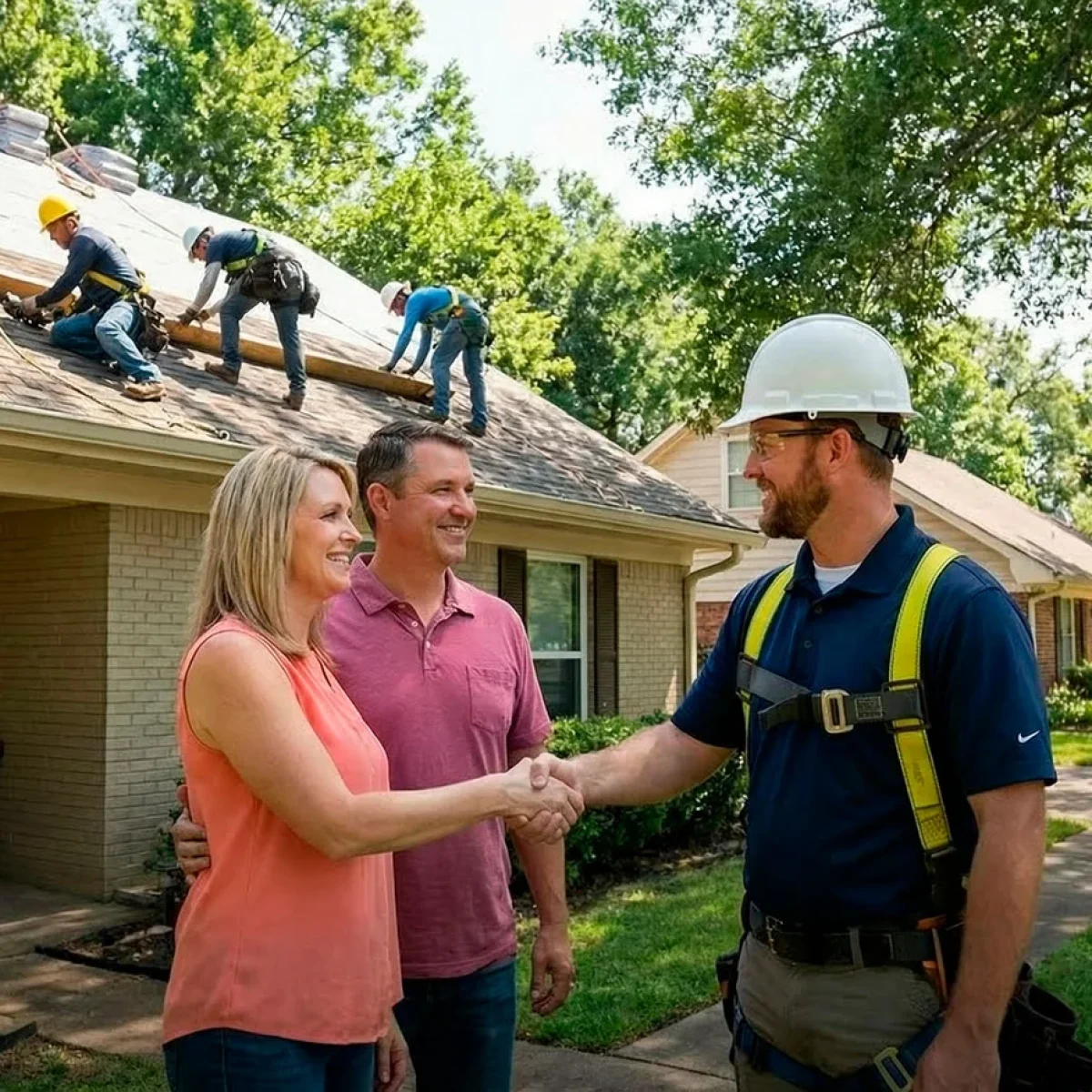 Homeowners meeting with a roofing professional about roof repairs